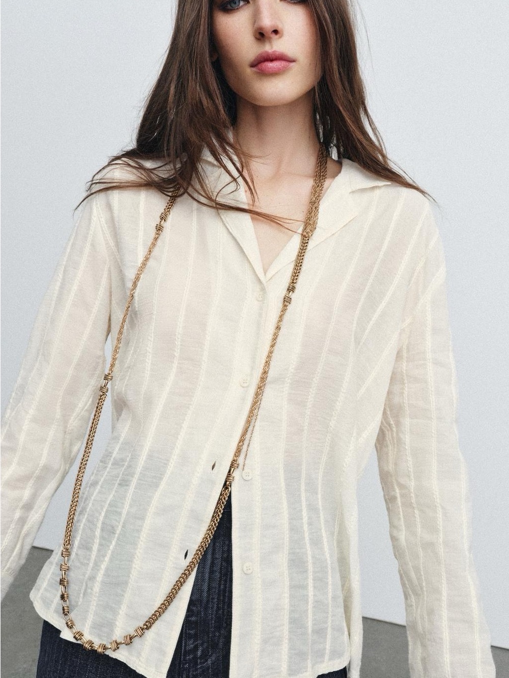 Zara Women’s Collection Striped Button Down Cream Shirt Size Large